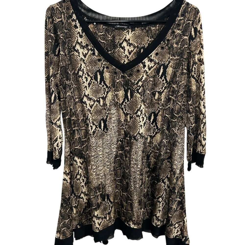 Mesmerize Snake Print Tunic Blouse Medium Asymmetrical Hem 3/4 Sleeve Animal